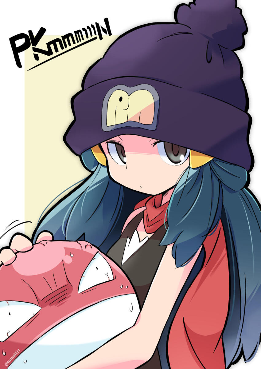 1girl anger_vein angry bare_arms beanie black_hair black_hat bloodshot_eyes constricted_pupils dawn_(pokemon) expressionless game_freak gen_1_pokemon grey_eyes hat highres holding holding_pokemon knit_hat looking_at_viewer nintendo pokemon pokemon_(creature) pokemon_dppt pom_pom_(clothes) pom_pom_beanie rascal_(feuille) red_scarf scarf shirt sleeveless sleeveless_shirt sweat tareme twitter_username upper_body voltorb