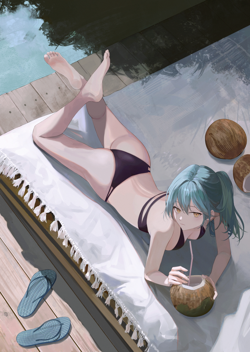 1girl absurdres arched_back ass bare_arms bare_legs bare_shoulders barefoot beach_mat bikini black_bikini blue_hair blue_sandals breasts check_commentary closed_mouth coconut coconut_cup commentary_request day drinking_straw expressionless feet flip-flops from_above highres jenmin12 legs_up long_hair looking_at_viewer looking_up lying median_furrow medium_breasts multi-strapped_bikini_bottom multi-strapped_bikini_top on_stomach original outdoors ponytail revision sandals sidelocks soles solo swimsuit the_pose thighs toes unworn_sandals yellow_eyes