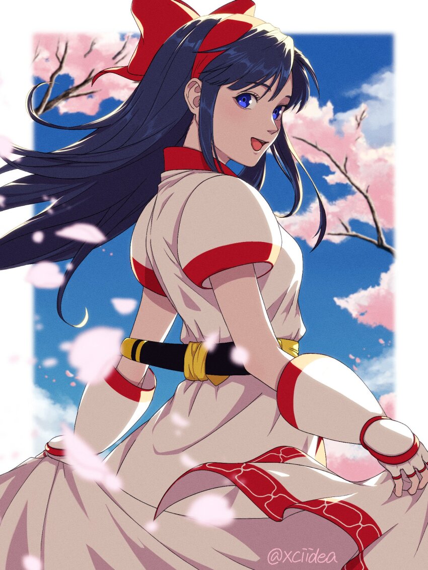 1girl ainu_clothes artist_name ass blue_eyes blue_hair breasts cherry_blossoms fingerless_gloves gloves hair_ribbon highres legs long_hair looking_at_viewer looking_back nakoruru open_mouth ribbon samurai_spirits sideboob small_breasts smile snk solo teeth the_king_of_fighters thighs tongue weapon