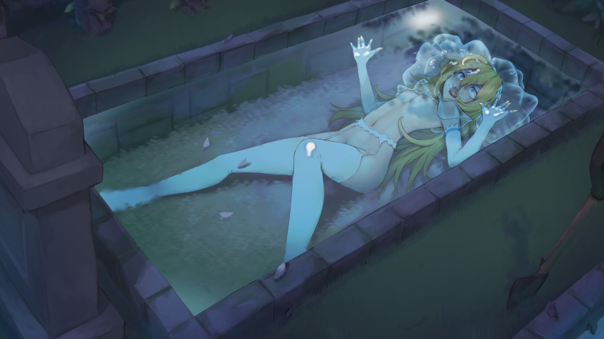 1girl absurdres against_glass asphyxiation begging blonde_hair blue_eyes breasts bubble convenient_censoring convenient_leg drowning elbow_gloves female_focus fingerless_gloves garter_belt garter_straps gloves grass grave hair_between_eyes highres knee_up linea_alba long_hair navel night nipples no_shoes nude open_mouth outdoors panicking petals rachel_gardner rou271 satsuriku_no_tenshi shovel skinny small_areolae small_breasts small_nipples solo submerged thighhighs tombstone underwater water white_gloves white_thighhighs wide-eyed