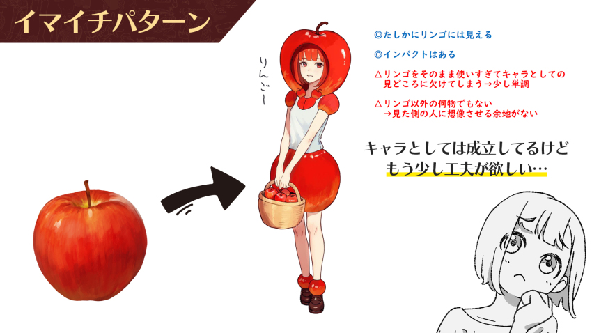 2girls :&lt; apple arrow_(symbol) basket brown_footwear commentary_request food food-themed_clothes food-themed_hat fruit fruit_basket furrowed_brow hat highres holding holding_basket how_to kawaiisensei_jp looking_at_viewer multiple_girls original parted_lips personification red_eyes red_hat short_hair translation_request