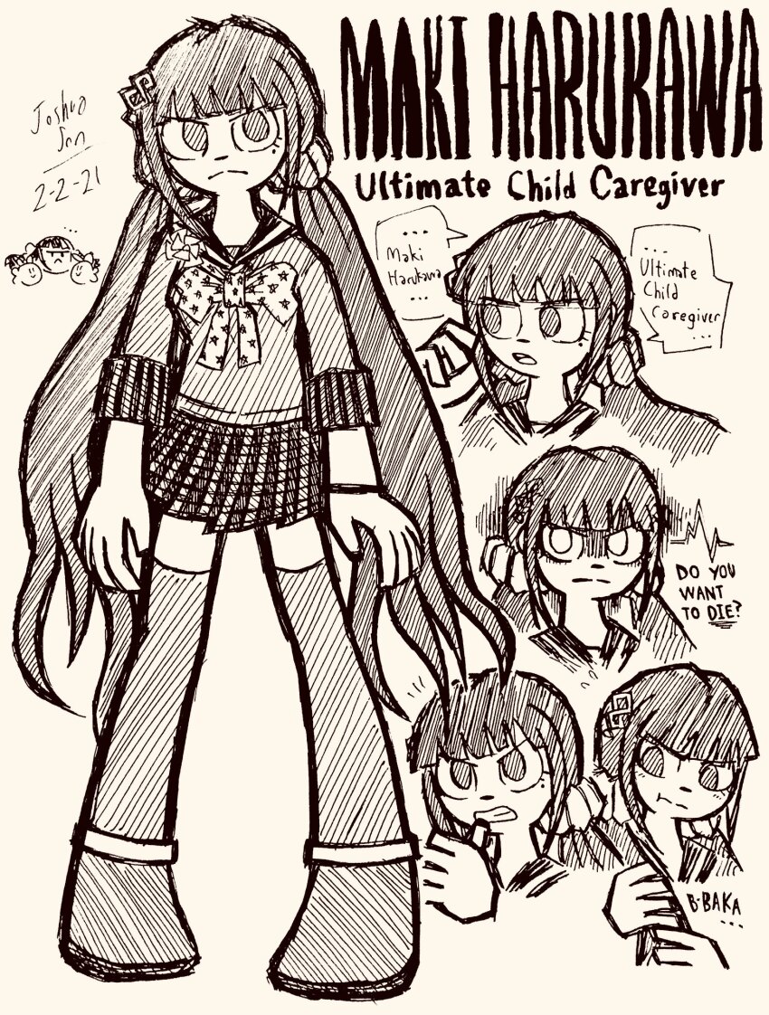 ... angry bow character_name closed_mouth commentary danganronpa_(series) danganronpa_v3:_killing_harmony dated doodle_inset english_commentary english_text eyelashes full_body greyscale hair_ornament harukawa_maki hatching_(texture) highres holding holding_own_hair josh-s26 long_hair mole mole_under_eye monochrome multiple_views open_mouth partially_shaded_face pout shirt shoes signature simple_background skirt speech_bubble spoken_ellipsis standing teeth thighhighs threat twintails very_long_hair white_background