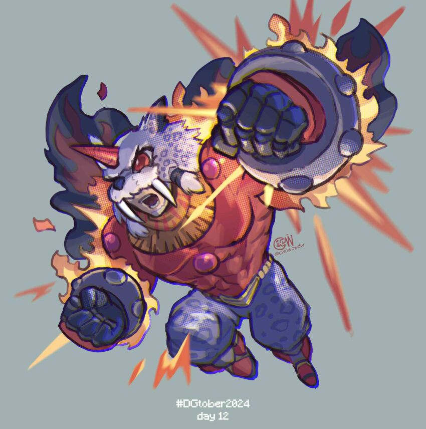 1boy absurdres black_cape bodysuit cape clenched_hands cwdw digimon digimon_(creature) flaming_hand grey_background highres horns male_focus marsmon pants purple_pants red_bodysuit simple_background single_horn solo