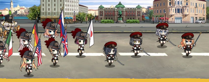 absurdres american_flag angelia_(girls&#039;_frontline) black_hair blonde_hair blue_eyes brown_hair carcano_m1891_(girls&#039;_frontline) chibi conductor_baton cz2000_(girls&#039;_frontline) garrison_cap german_flag girls&#039;_frontline green_eyes grey_eyes grey_hair griffin_&amp;_kryuger_logo hat helianthus_(girls&#039;_frontline) helmet highres instrument italian_flag japanese_flag kalina_(girls&#039;_frontline) kar98k_(girls&#039;_frontline) lee-enfield_(girls&#039;_frontline) long_hair m1_garand_(girls&#039;_frontline) marching marching_band mosin-nagant_(girls&#039;_frontline) multicolored_hair orange_hair pink_hair pith_helmet plume purple_hair red_eyes russian_flag shako_cap short_hair sier_(girls&#039;_frontline) sword symbol-shaped_pupils the_mad_mimic trombone two-tone_hair type_4_(girls&#039;_frontline) union_jack weapon white_hair x-shaped_pupils yellow_eyes