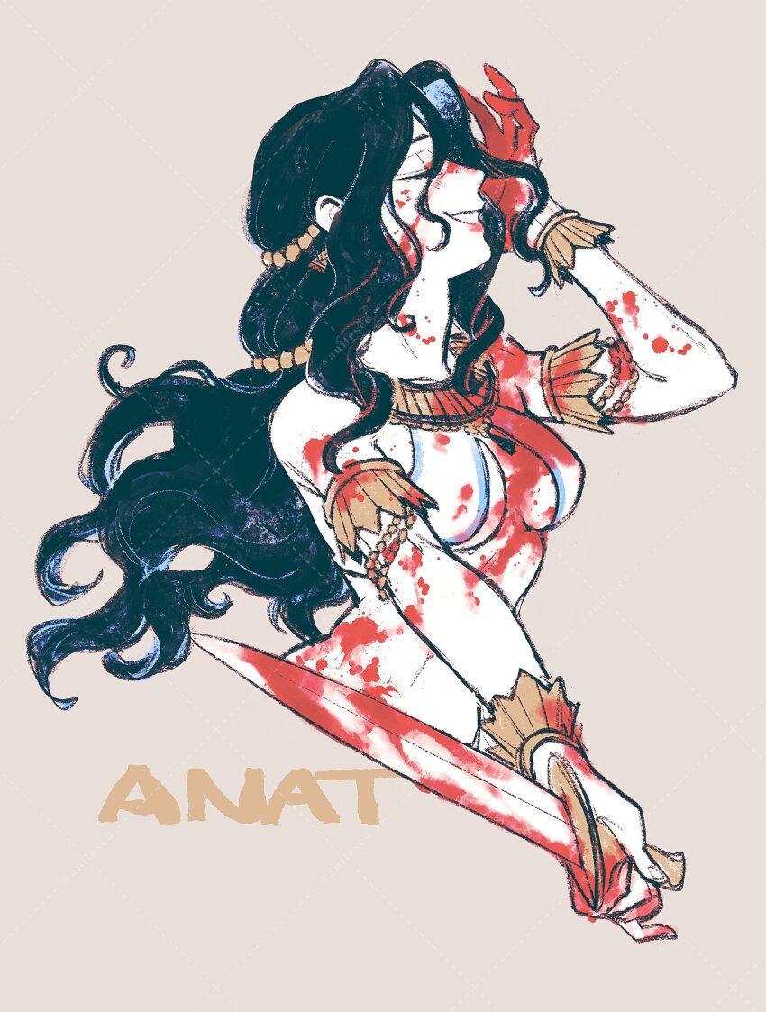 1girl absurdres anat_(ugaritic_mythology) anilesco black_hair blood breasts character_name closed_eyes heart_ornament highres knife pale_skin simple_background smile solo teeth ugaritic_mythology upper_body