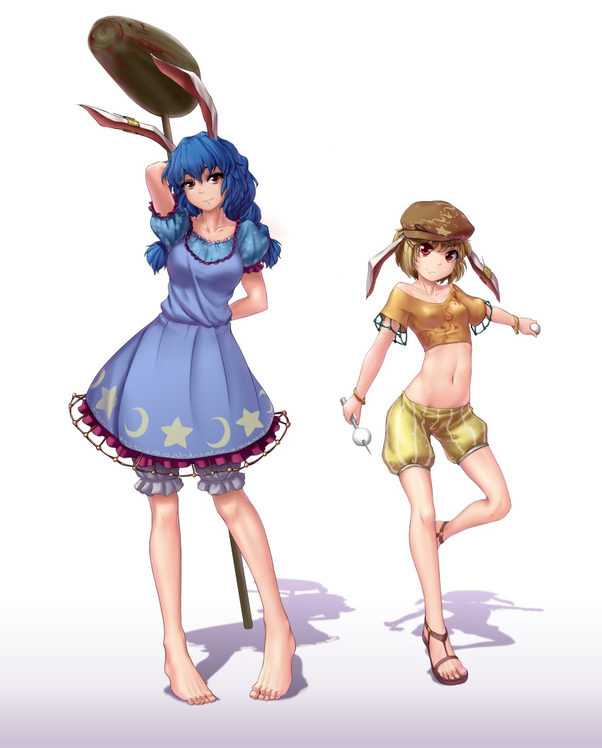 2girls absurdres ambiguous_red_liquid animal_ears barefoot blonde_hair blood blue_dress blue_hair bracelet crescent crop_top dango dress earclip feet flat_cap floppy_ears food full_body hat hater_(hatater) highres jewelry kine looking_at_viewer mallet midriff moon_rabbit multiple_girls nail_polish navel puffy_short_sleeves puffy_sleeves rabbit_ears red_eyes ringo_(touhou) sandals seiran_(touhou) shadow shirt short_sleeves shorts simple_background skewer smile stain standing standing_on_one_leg star_(symbol) toenail_polish toenails toes touhou wagashi white_background