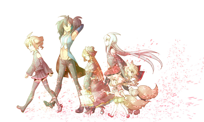 6+girls ahoge animal_ears black_boots black_hair black_hat black_pants black_shirt black_shoes black_skirt black_sleeves blonde_hair blue_coat blue_gloves boots breasts capelet closed_mouth coat collared_shirt commentary crossed_arms detached_sleeves drill_hair elbow_gloves fur-trimmed_shirt fur_trim gloves green_eyes green_shorts grey_shirt hat high_heel_boots high_heels highleg highleg_panties highres hood hood_up hooded_capelet kasane_teto long_hair mary_janes medium_breasts miniskirt multiple_girls namine_ritsu navel open_clothes open_coat ouka_miko panties pants pink_capelet pink_shirt pink_trim pleated_skirt red_boots red_eyes red_hair red_shoes red_skirt red_trim shirt shoes short_hair_with_long_locks shorts sin_(hankotsu_bunny) skirt sleeveless sleeveless_coat sleeveless_shirt sleeves_past_fingers sleeves_past_wrists smile sukone_tei tail thigh_boots twin_drills twintails underwear utau vippaloid walking white_hair wolf_ears wolf_girl wolf_tail yokune_ruko