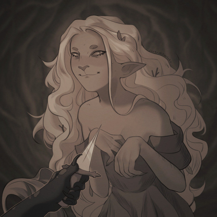 1girl absurdres artist_name bare_shoulders dress greyscale highres holding holding_knife knife knife_cat_(meme) long_hair looking_at_viewer meme monochrome paw_pose princess_(slay_the_princess) slay_the_princess smug solo standing the_hero_(slay_the_princess) the_witch_(slay_the_princess) zavtrakturista