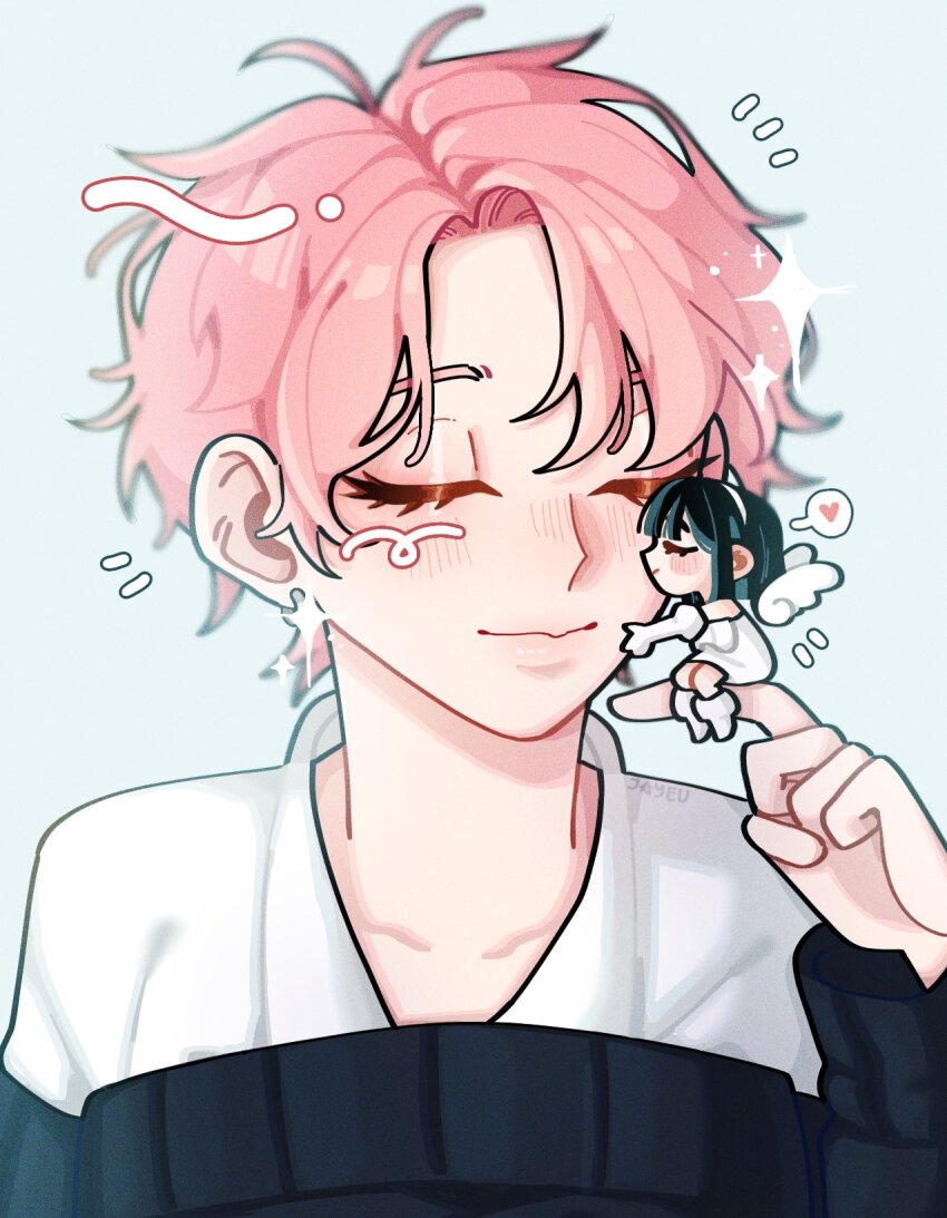 2girls alien_stage black_sweater blue_background closed_eyes commentary english_commentary heart highres jayeu mini_person minigirl mizi_(alien_stage) multiple_girls off-shoulder_sweater off_shoulder shirt short_hair spoken_heart sua_(alien_stage) sweater very_short_hair white_shirt