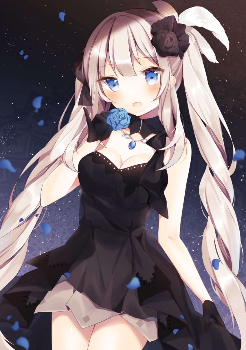 1girl :d absurdres bare_arms bare_shoulders black_dress black_flower black_gloves black_rose blue_flower blue_rose blush breasts cleavage cowboy_shot detached_collar dress fate/grand_order fate_(series) feather_hair_ornament feathers female_focus flower gem gloves hair_flower hair_ornament highres jewelry light_particles looking_at_viewer marie_antoinette_(fate) marie_antoinette_(formal_dress)_(fate) medium_breasts necklace official_alternate_costume open_mouth pendant petals rose rose_petals shiino_sera silver_hair smile solo standing strapless strapless_dress twintails
