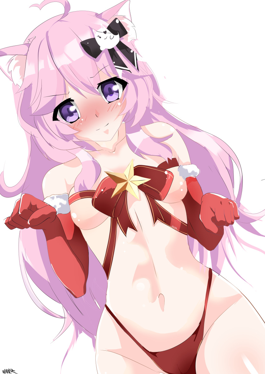 absurdres animal_ear_fluff animal_ears breasts cat_ears cat_girl christmas christmas_ornaments christmas_present gift gloves highres indie_virtual_youtuber nyatasha_nyanners panties pink_eyes pink_hair small_breasts underwear virtual_youtuber watterywinter
