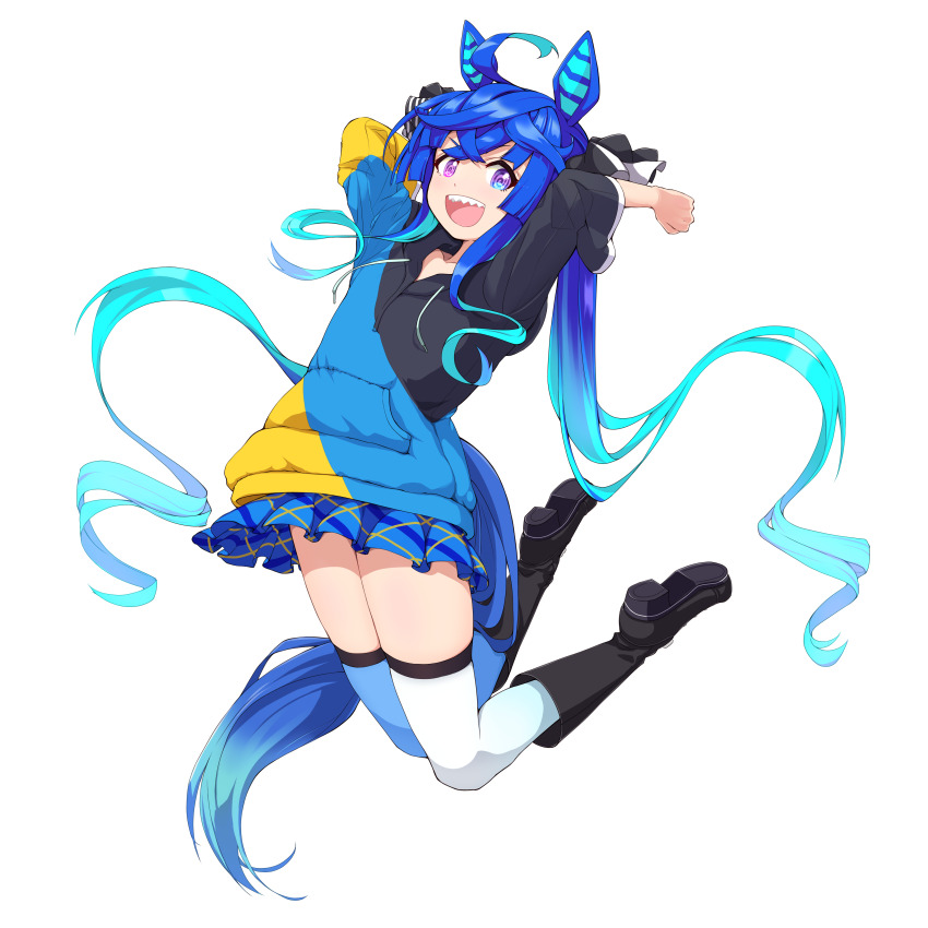1girl @_@ absurdres ahoge animal_ears aqua_hair arms_behind_head arms_up asymmetrical_legwear black_boots blue_eyes blue_hair blue_skirt blue_thighhighs boots bow casual clenched_hand crossed_bangs drawstring feet_up full_body hair_bow heterochromia highres hood hoodie horse_ears horse_girl horse_tail long_hair looking_at_viewer marutae midair miniskirt mismatched_legwear multicolored_hair multicolored_hoodie official_alternate_costume open_mouth plaid_clothes plaid_skirt pleated_skirt purple_eyes sharp_teeth sidelocks simple_background skirt solo striped_bow tail teeth thighhighs three-quarter_sleeves transparent_background twin_turbo_(casual)_(umamusume) twin_turbo_(umamusume) twintails two-tone_hair umamusume upper_teeth_only v-shaped_eyebrows very_long_hair white_thighhighs