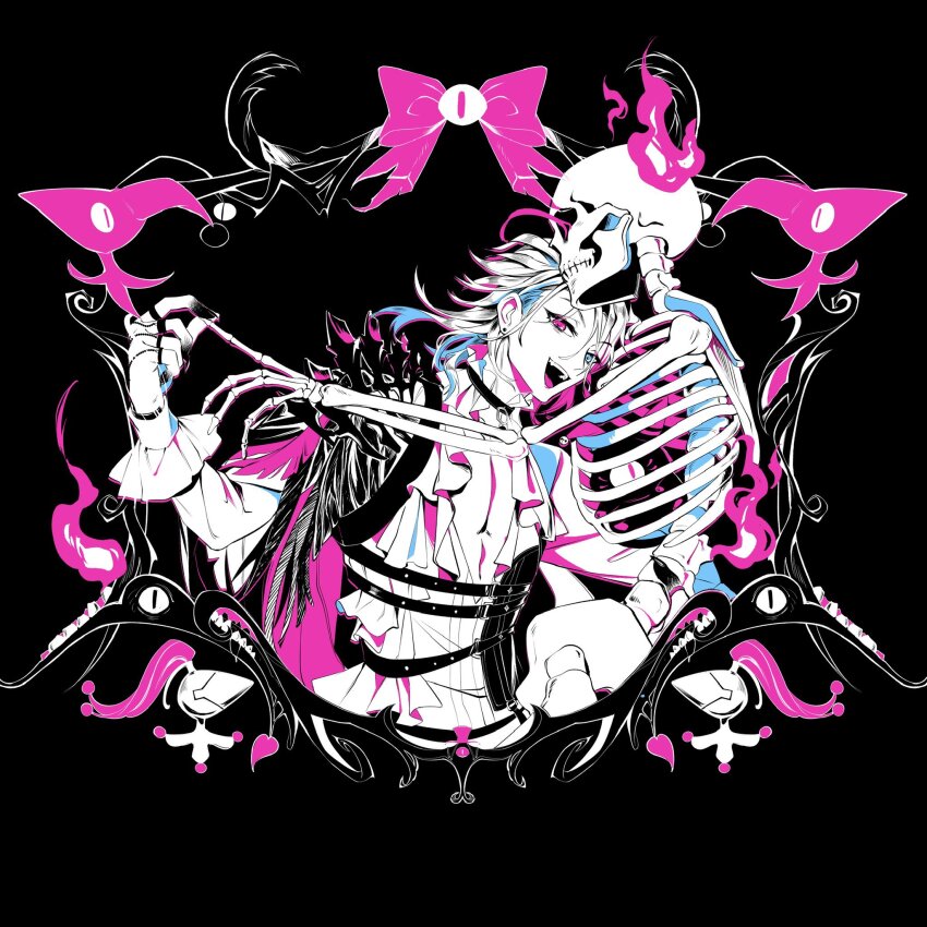 2boys :d arm_around_waist bell bettelion_(gavis_bettel) black_background black_hands blue_eyes blue_hair bow cape center_frills choker colored_extremities creature cropped_torso danasauurr fangs feather_cape feathers flaming_eye frilled_shirt frilled_sleeves frills gavis_bettel gavis_bettel_(2nd_costume) gradient_skin hand_chains hand_on_another&#039;s_back hand_on_another&#039;s_waist heterochromia highres holding_finger holostars holostars_english jerry_(gavis_bettel) jewelry jingle_bell limited_palette long_sleeves looking_at_viewer male_focus medium_hair multicolored_hair multiple_boys multiple_rings neon_palette open_mouth phantom_(gavis_bettel) pink_eyes pink_hair ring shirt simple_background skeleton smile virtual_youtuber