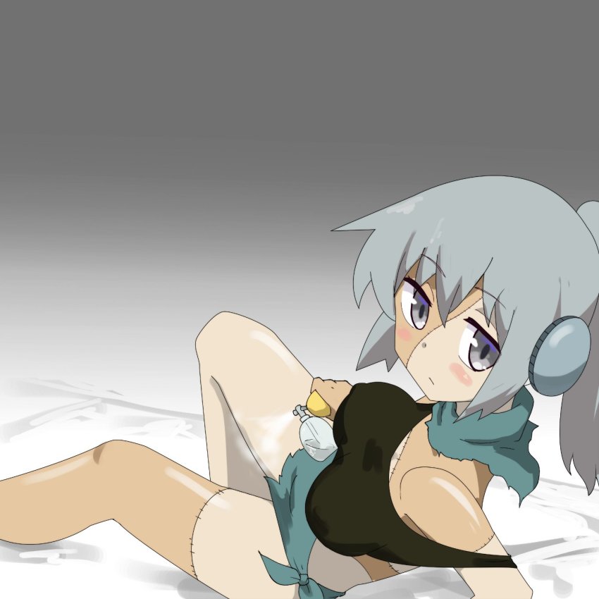 1girl bed bottle commentary_request female_focus flamper gobanme_no_mayoi_neko grey_eyes highres ishuzoku_reviewers midriff patchwork_skin perfume_bottle ponytail scarf short_hair silver_hair skirt solo undead zombie