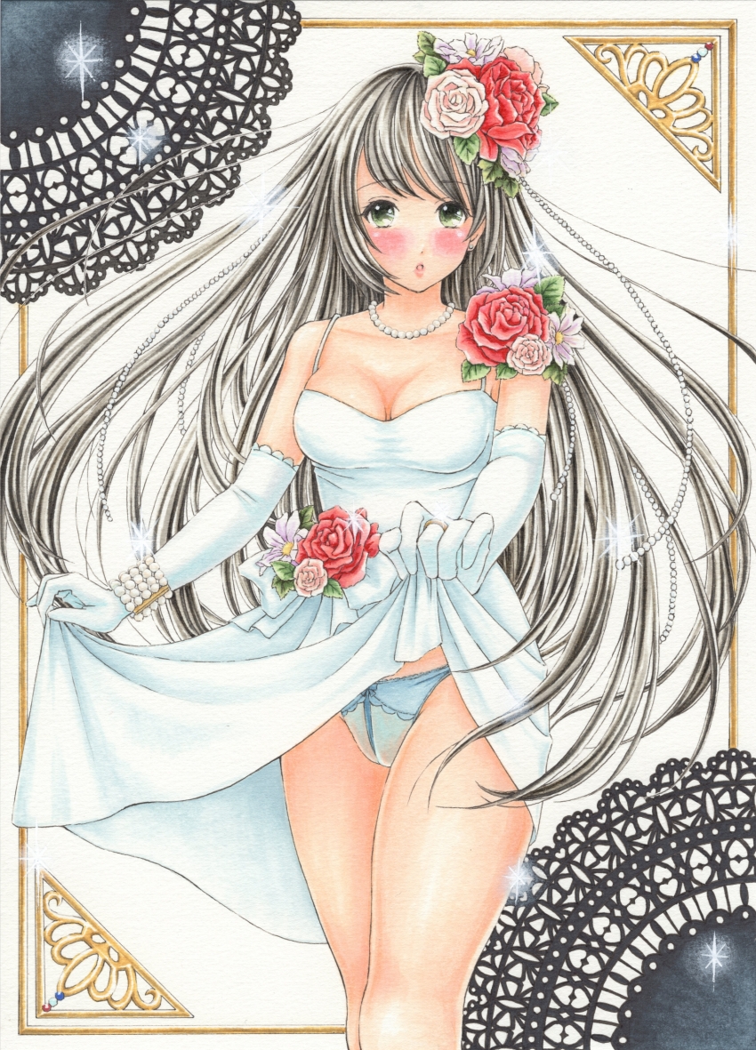 1girl :o absurdres black_hair blue_panties blush border breasts clothes_lift commentary_request dress dress_lift elbow_gloves feet_out_of_frame floating_hair flower gloves green_eyes hair_flower hair_ornament highres jewelry large_breasts lifting_own_clothes lingerie long_hair looking_at_viewer marker_(medium) midori_(mira567) necklace original ornate_border panties parted_lips pearl_necklace pink_flower pink_rose red_flower red_rose ring rose sleeveless sleeveless_dress solo spaghetti_strap standing straight-on swept_bangs traditional_media underwear white_background white_dress white_gloves