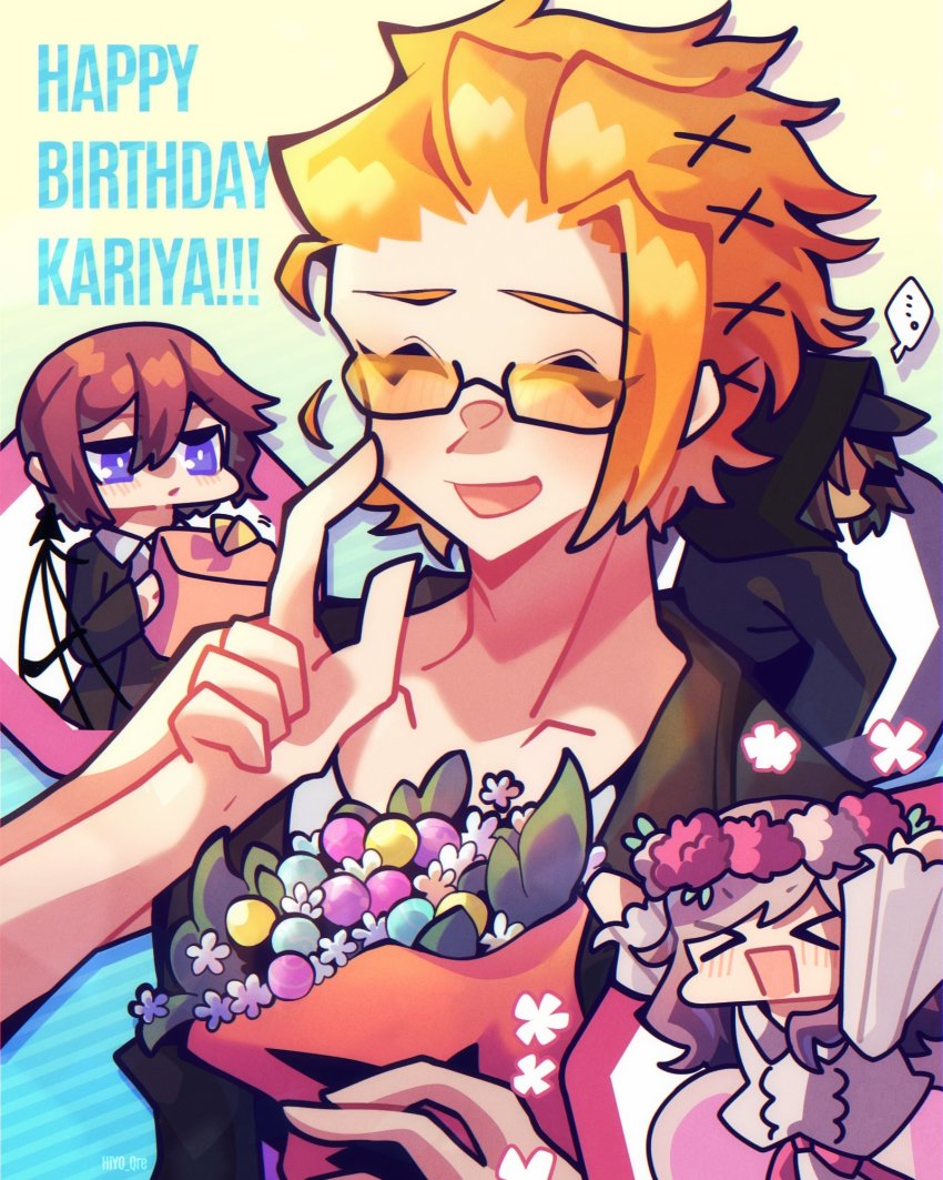 2boys 2girls atarashi_coco black_suit black_wings blue_eyes bouquet candy character_name closed_eyes dark-skinned_male dark_skin dress eyebrows flower flower_wreath food formal_clothes glasses hair_ornament happy_birthday highres hiyo_qre kariya_koki lollipop long_dress minamimoto_sho multiple_boys multiple_girls open_mouth orange_hair pink_dress pink_hair rectangular_eyewear shin_subarashiki_kono_sekai smile spiked_wings subarashiki_kono_sekai suit twitter_username wings yashiro_uzuki