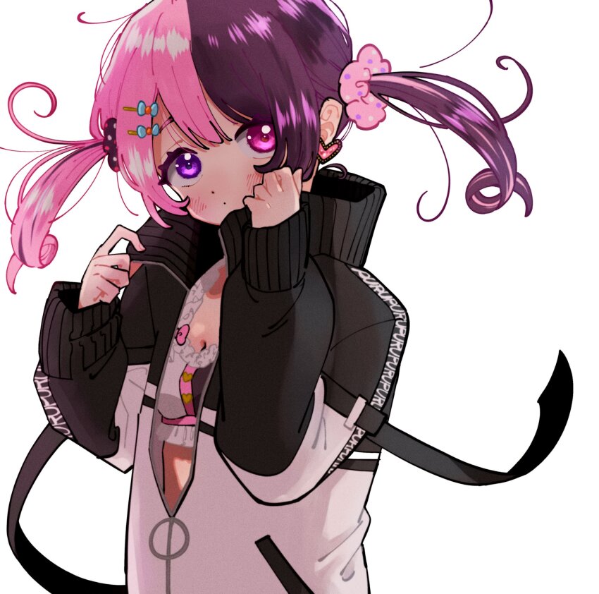 1girl amaki_pururu blush breasts cleavage closed_mouth commentary crop_top earrings hair_ornament hairclip hashtag-only_commentary heart heart_earrings heterochromia highres jacket jewelry multicolored_hair musubi_(niginigi_nigiri) pink_eyes pink_hair purple_eyes purple_hair reject_(esports) simple_background solo split-color_hair track_jacket two-tone_hair virtual_youtuber white_background