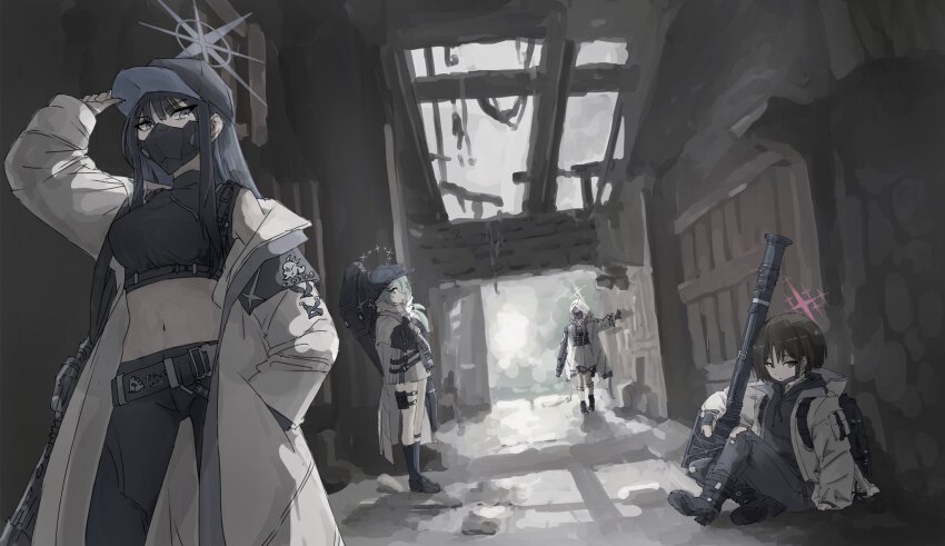 4girls arius_squad_(blue_archive) atsuko_(blue_archive) baseball_cap black_hair black_mask blue_archive blue_eyes cape coat commentary_request crop_top desuyone0502 fim-92_stinger gun hair_over_one_eye halo hat highres hiyori_(blue_archive) hood hoodie long_hair long_sleeves mask misaki_(blue_archive) mouth_mask multiple_girls navel on_floor pants purple_hair red_eyes rocket_launcher saori_(blue_archive) short_hair side_ponytail stomach weapon weapon_case white_coat