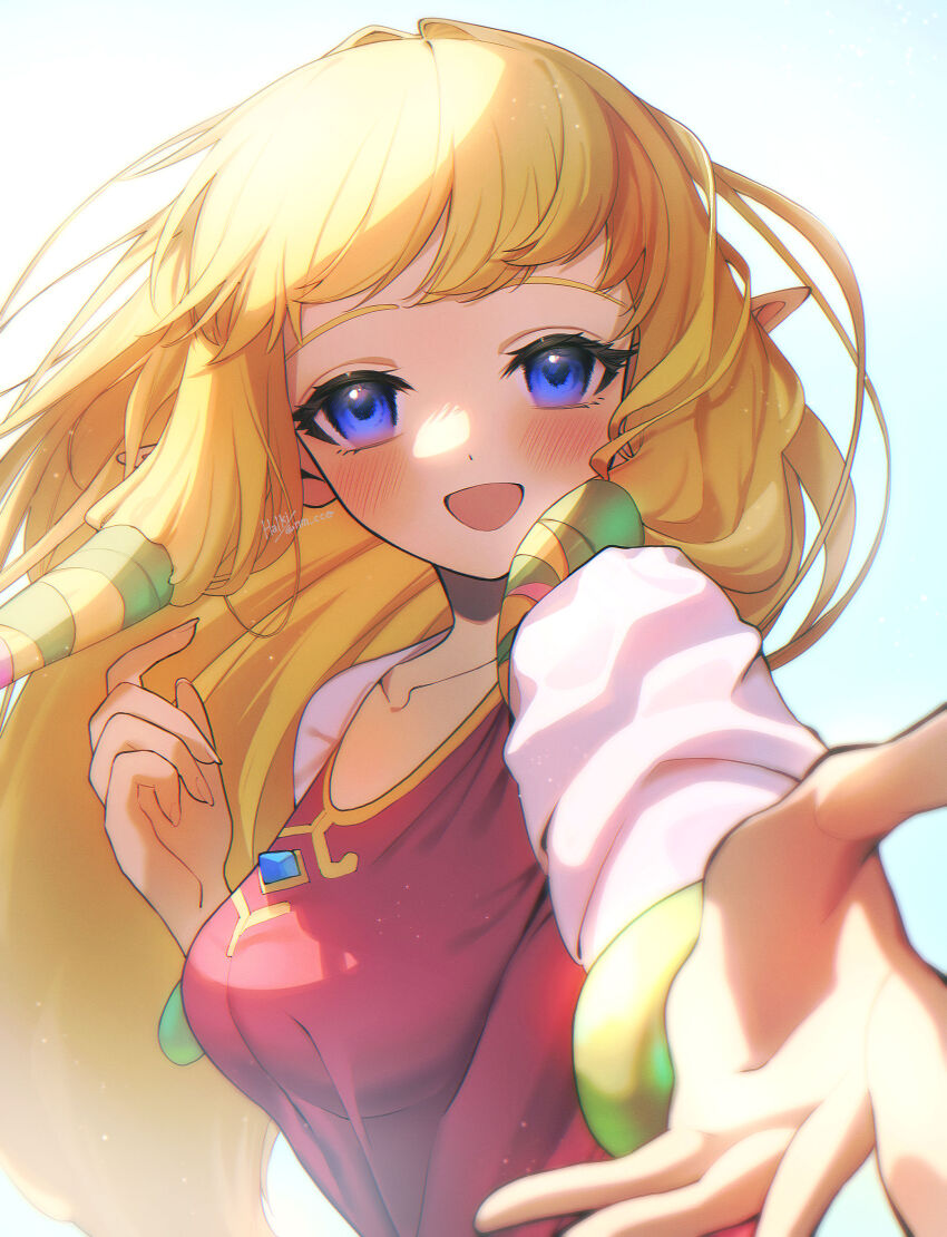 1girl absurdres ao_haruki blonde_hair blue_eyes blunt_bangs blush bracelet breasts brooch dress gold_trim hair_tubes highres index_finger_raised jewelry long_hair looking_at_viewer medium_breasts nintendo open_mouth pink_dress pointy_ears princess_zelda shawl simple_background smile solo sunlight the_legend_of_zelda the_legend_of_zelda:_skyward_sword