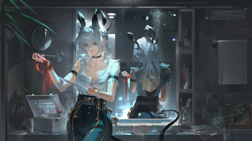 1girl absurdres arm_strap bandaged_arm bandages bathroom black_choker black_horns black_pants black_tail breasts choker collarbone commentary_request curled_horns demon_tail first_aid_kit grey_hair hair_between_eyes high-waist_pants highres horns indoors large_breasts logo long_hair median_furrow multicolored_hair necktie official_art pants red_necktie reflection shirt shirt_tucked_in shuangbatian solo streaked_hair tacet_mark_(wuthering_waves) tail torn_clothes torn_shirt white_shirt wuthering_waves zani_(wuthering_waves)