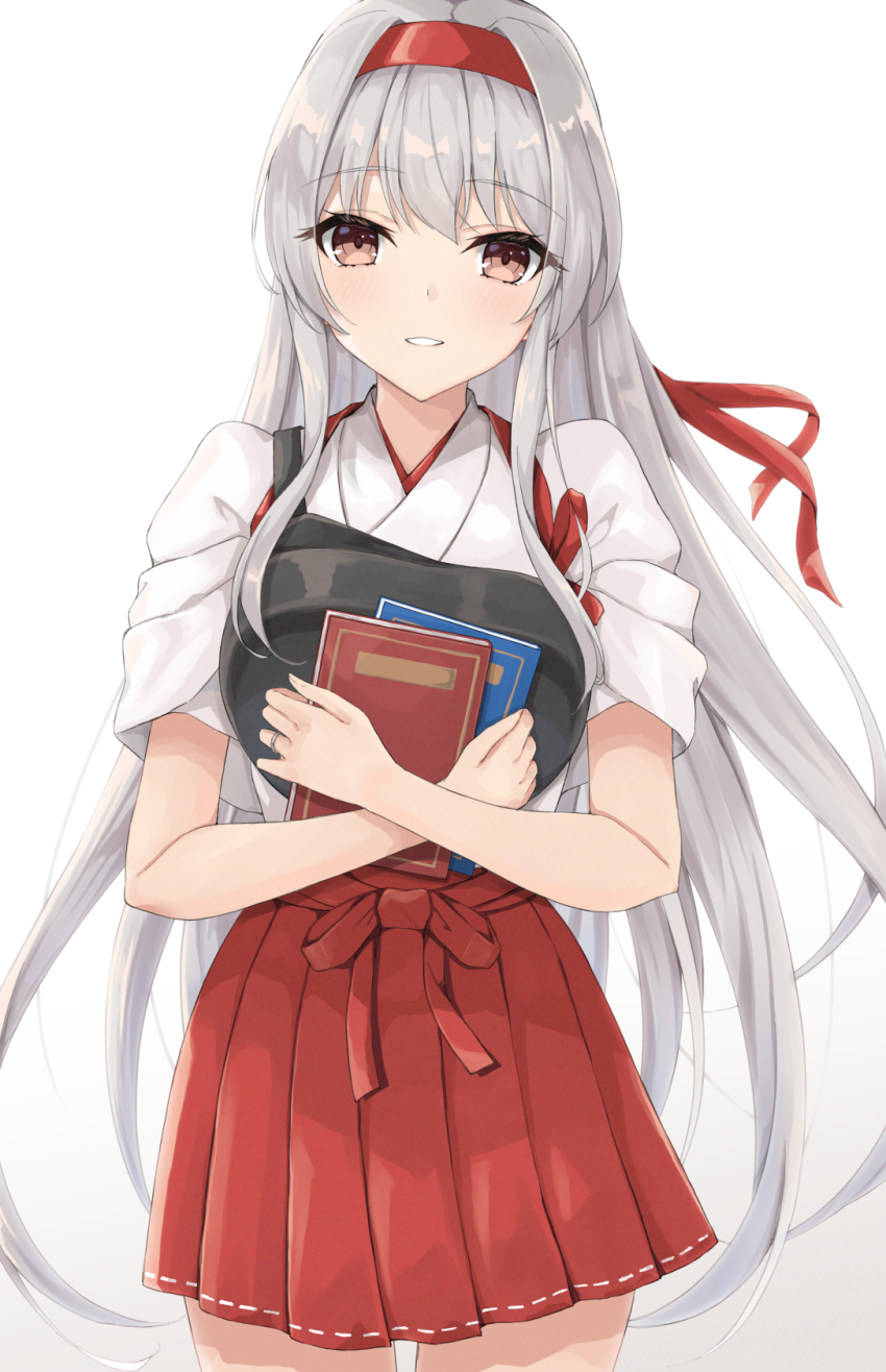 1girl armor book breastplate brown_eyes commission cowboy_shot gensoukitan grey_hair hachimaki hakama hakama_short_skirt hakama_skirt headband highres holding holding_book japanese_clothes kantai_collection long_hair looking_at_viewer muneate pleated_skirt red_hakama red_headband red_skirt shoukaku_(kancolle) shoukaku_kai_ni_(kancolle) simple_background skeb_commission skirt smile solo white_background