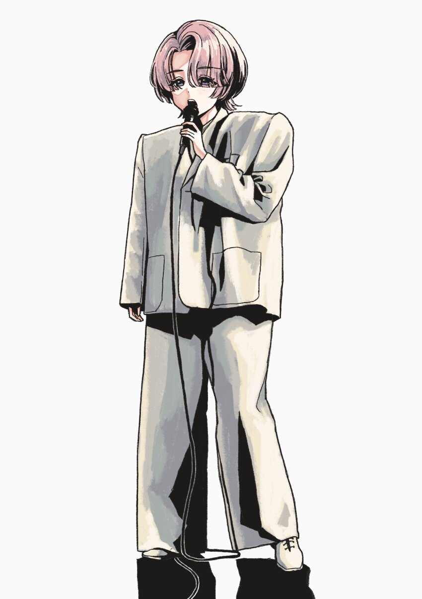 1girl absurdres arimura_mao asymmetrical_bangs blue_eyes cable cosplay curtained_hair david_byrne david_byrne_(cosplay) eyes_visible_through_hair formal_clothes gakuen_idolmaster grey_background grey_pants grey_suit hair_over_one_eye highres holding holding_microphone idolmaster isana_(isana9075) long_sleeves microphone open_mouth oversized_clothes pants pink_hair shoes short_hair simple_background solo standing suit talking_heads white_shoes