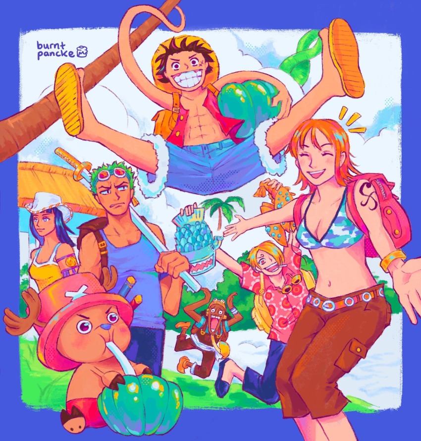 2girls 5boys ^_^ abs antlers arm_tattoo armlet artist_name bag bikini bikini_top_only black_hair blue_border blue_nose blue_tank_top border bracelet brown_shorts burntpancke cigarette closed_eyes commentary cowboy_hat dark-skinned_male dark_skin drinking_straw earrings english_commentary food full_body goggles goggles_around_neck goggles_on_head green_hair hat highres holding holding_food holding_sword holding_weapon horns jewelry long_nose looking_at_viewer medium_hair monkey_d._luffy multiple_boys multiple_girls nami_(one_piece) nami_(one_piece)_(skypiea) nico_robin nico_robin_(skypiea) one_piece open_clothes open_shirt orange_hair pink_hat pink_shirt redrawn reindeer_antlers roronoa_zoro sandals sanji_(one_piece) scar scar_on_face shirt short_hair shorts shoulder_bag straw_hat straw_hat_pirates swimsuit sword tank_top tattoo tony_tony_chopper usopp weapon