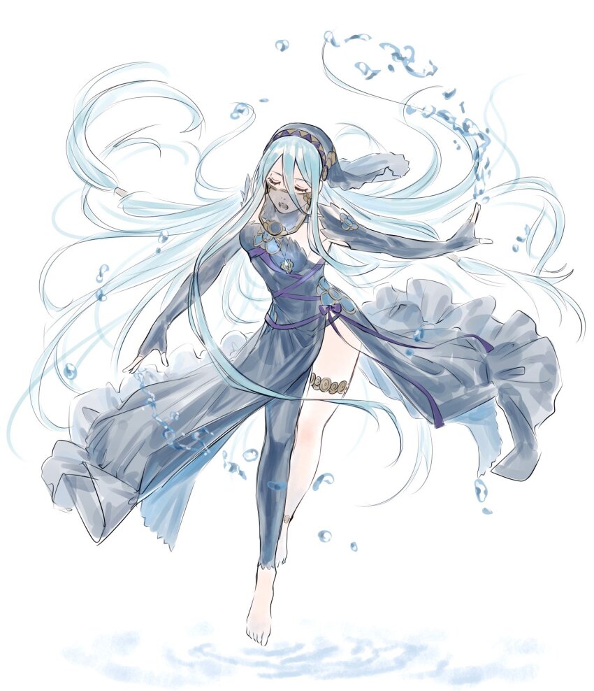 1girl abinosu0903 azura_(fire_emblem) azura_(lady_of_ballads)_(fire_emblem) bare_shoulders barefoot black_dress black_gloves blue_hair closed_eyes dancing dress elbow_gloves fingerless_gloves fire_emblem fire_emblem_fates gloves hair_between_eyes hairband highres jewelry long_hair looking_at_viewer mouth_veil nintendo official_alternate_costume open_mouth simple_background solo veil very_long_hair water
