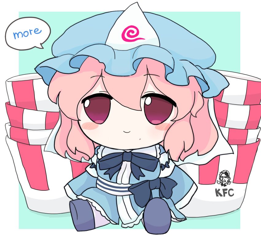 1girl blue_footwear blue_hat blue_kimono bucket colonel_sanders commentary cosplay english_commentary english_text full_body fumo_(doll) hat highres japanese_clothes kfc kimono looking_at_viewer mob_cap niwatari_kutaka niwatari_kutaka_(cosplay) pink_eyes pink_hair rei_(tonbo0430) saigyouji_yuyuko short_hair solo speech_bubble touhou triangular_headpiece