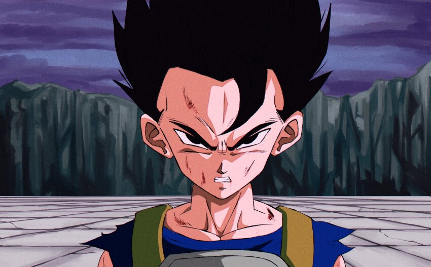 1990s_(style) 1boy angry black_eyes black_hair blood_on_mouth blue_shirt cabba checkered_floor clenched_teeth commentary dis_(dissketch) dragon_ball dragon_ball_super dragonball_z english_commentary highres looking_at_viewer male_focus medium_hair nose parody pectoral_cleavage pectorals portrait purple_sky retro_artstyle saiyan_armor scratches shirt short_sleeves sky solo style_parody teeth toned toned_male toriyama_akira_(style) torn_clothes torn_shirt v-shaped_eyebrows