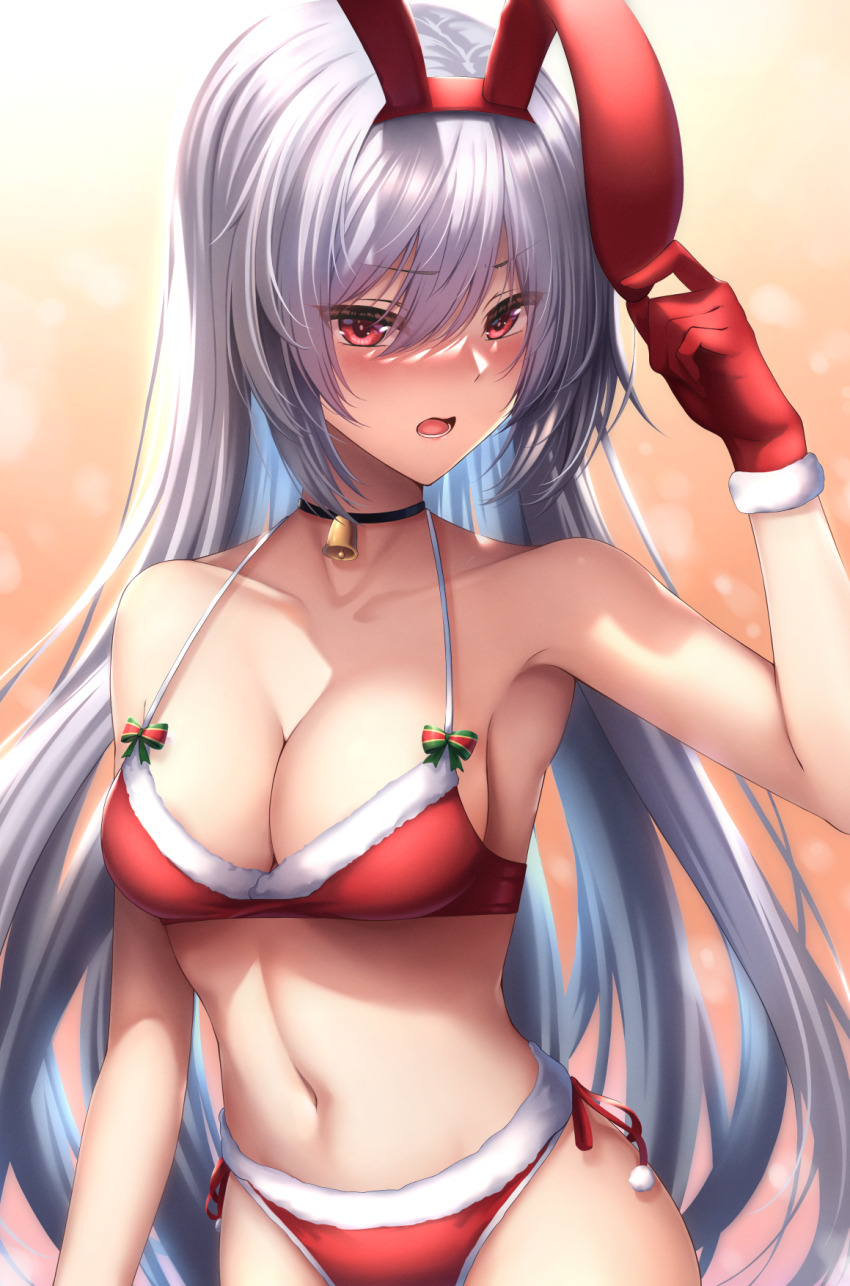 1girl alternate_costume animal_ears bell bikini breasts chinese_commentary cleavage collarbone commentary commentary_request english_commentary fake_animal_ears fur-trimmed_gloves fur_trim girls&#039;_frontline girls&#039;_frontline_2:_exilium gloves grey_hair highres krolik_(girls&#039;_frontline_2) long_hair looking_at_viewer mixed-language_commentary navel neck_bell open_mouth rabbit_ears red_bikini red_gloves santa_bikini santa_costume simple_background solo stomach swimsuit teeth xlscaler