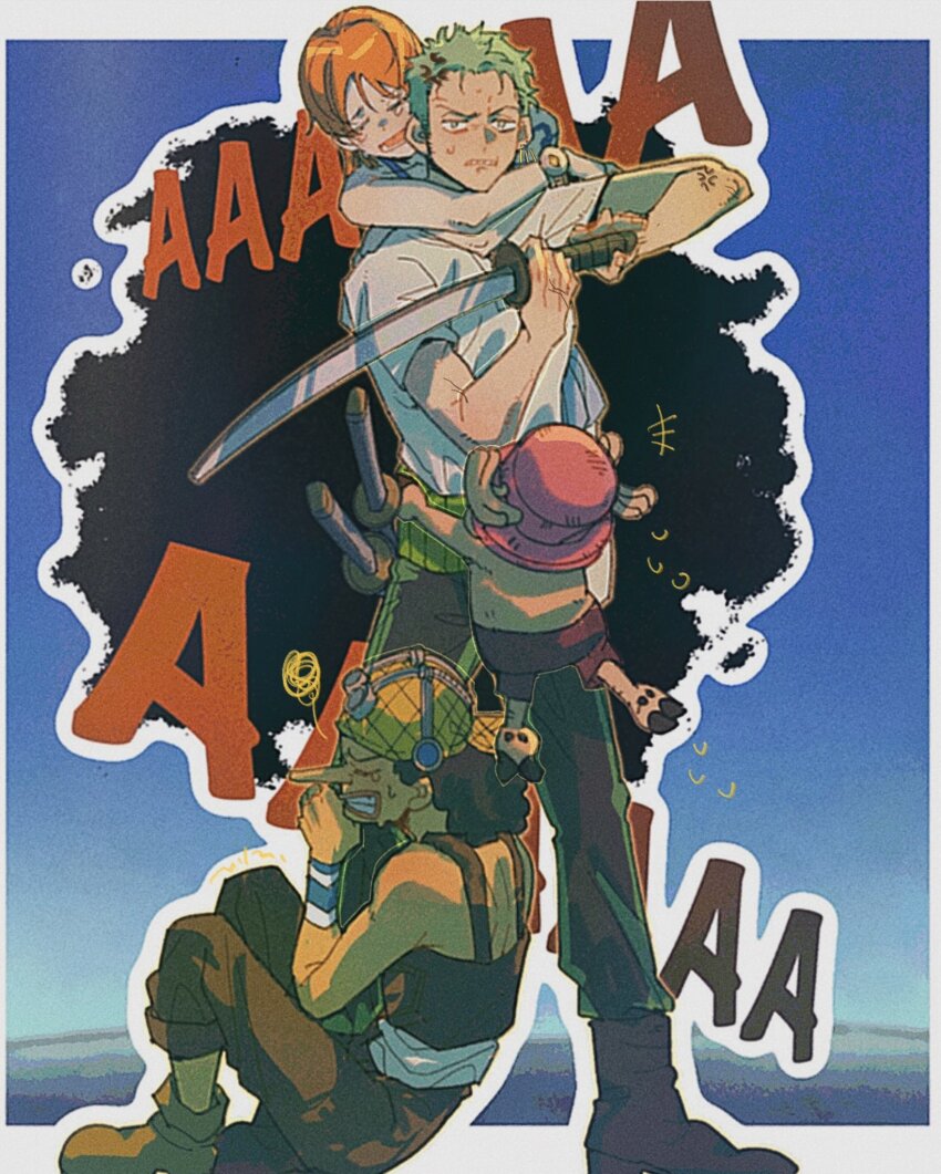 1girl 3boys black_hair boots closed_eyes commentary green_hair haramaki highres holding holding_sword holding_weapon hug log_pose long_nose looking_at_viewer multiple_boys nami_(one_piece) nami_(one_piece)_(east_blue) one_piece onecata11 orange_hair overalls pants profile roronoa_zoro sash shirt sword t-shirt tony_tony_chopper usopp v-neck weapon white_shirt