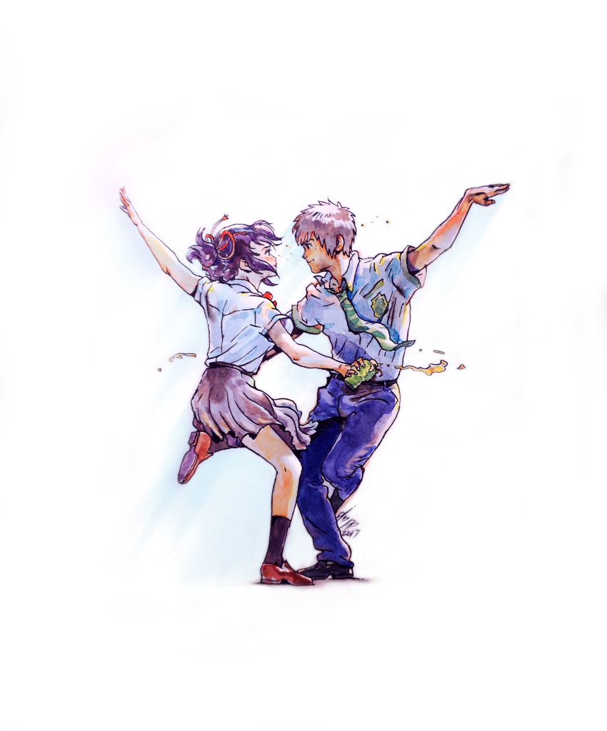 1boy 1girl absurdres arm_up black_footwear black_hair black_socks bottle brown_footwear brown_hair dancing depepe eye_contact green_necktie hair_ribbon highres kimi_no_na_wa. la_la_land looking_at_another miyamizu_mitsuha necktie parody red_ribbon ribbon sake_bottle school_uniform shoes simple_background socks standing standing_on_one_leg striped_necktie tachibana_taki traditional_media watermark white_background