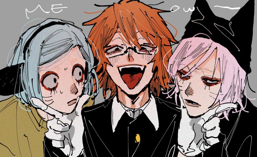 3boys animal_ears animal_hat black_eyes black_jacket blue_hair blush brown_hair cat_hat collared_shirt english_text facial_mark fake_animal_ears fangs film_grain glasses gloves grey_background grin hand_on_another&#039;s_chin hat highres jacket light_frown looking_at_another male_focus meowing messy_hair multiple_boys no_eyebrows nose_blush nyen_(randal&#039;s_friends) nyon_(randal&#039;s_friends) open_mouth parted_bangs parted_lips pink_hair portrait raised_eyebrows randal&#039;s_friends randal_ivory rectangular_eyewear shiawase_de_ite shirt short_hair simple_background smile sweat whisker_markings white_gloves wide-eyed yellow_shirt