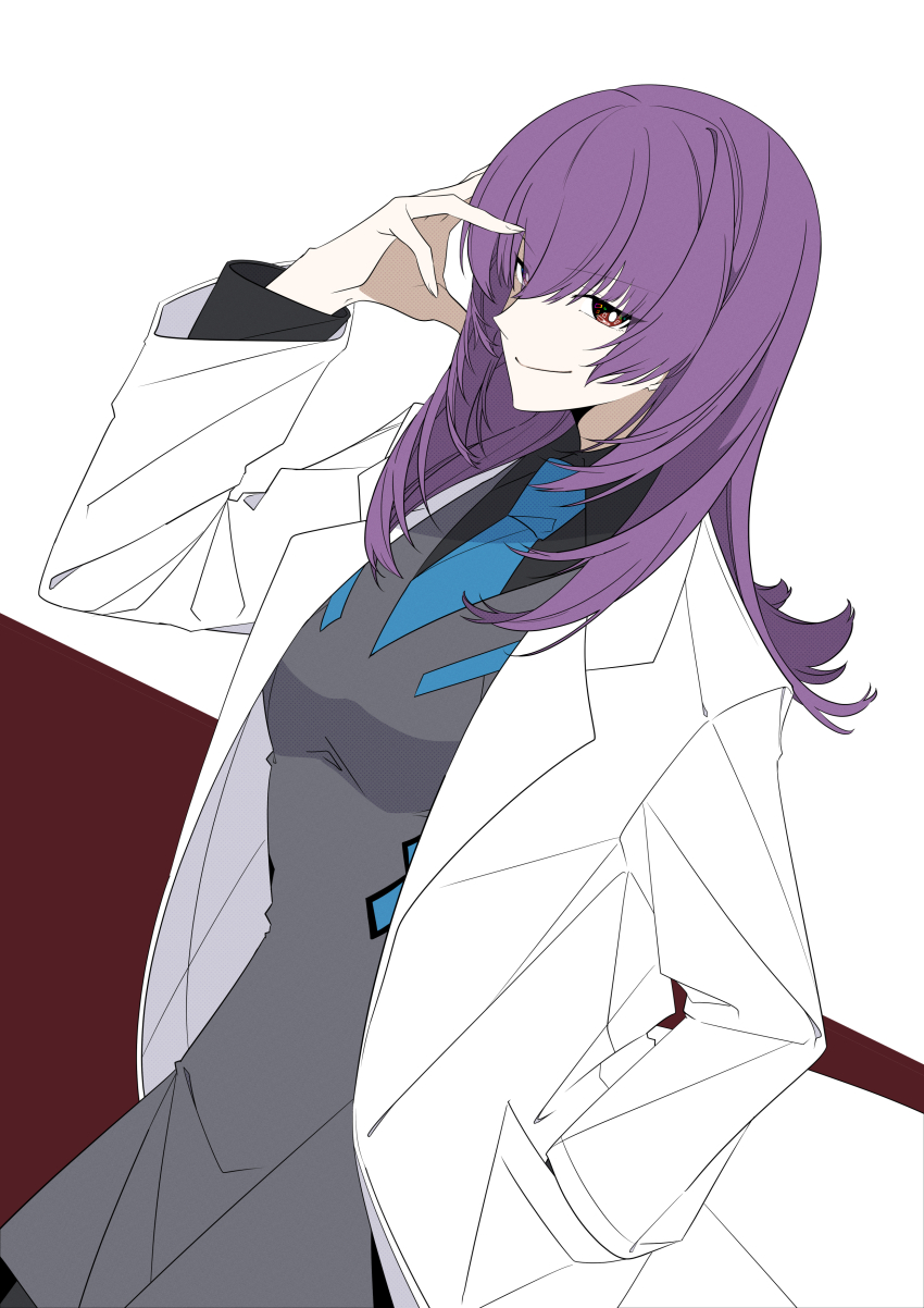 1girl absurdres blue_necktie breasts coat grey_jacket hand_in_pocket highres jacket kamon_rider kouzuki_yuuko lab_coat long_hair looking_at_viewer medium_breasts muv-luv muv-luv_alternative necktie purple_hair red_eyes scientist smile solo white_coat