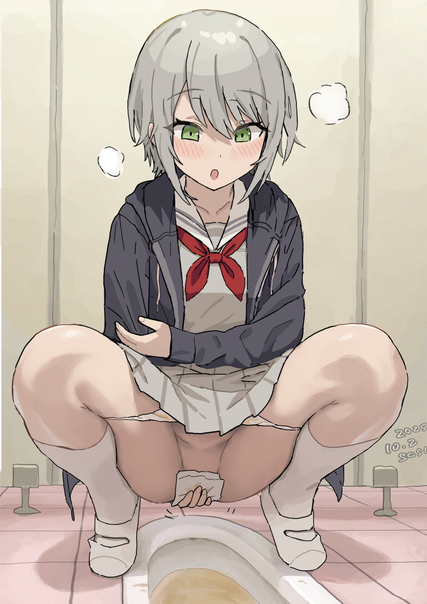 1girl after_peeing artist_name black_jacket blush commentary_request dated full_body green_eyes grey_hair grey_serafuku grey_shirt grey_skirt highres hinomori_shiho hood hooded_jacket indoors jacket long_sleeves neckerchief open_clothes open_jacket open_mouth panties panty_pull pee pleated_skirt project_sekai red_neckerchief sailor_collar school_uniform serafuku shirt shoes short_hair sketch skirt socks solo squat_toilet squatting steam susu_(ysy) toilet_paper toilet_use underwear uwabaki variant_set white_panties white_sailor_collar white_shoes white_socks wiping wiping_pussy