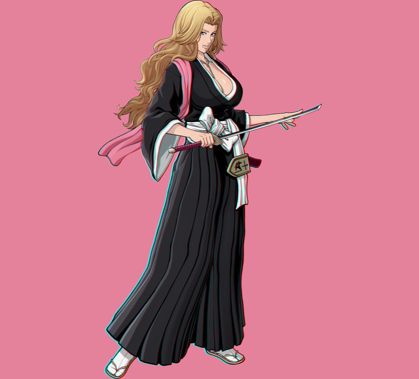 1girl 3d absurdres black_kimono bleach bleach:_rebirth_of_souls blonde_hair blue_eyes breasts chain chain_necklace cleavage duplicate female_focus full_body highres japanese_clothes jewelry kimono large_breasts lips long_hair looking_at_viewer matsumoto_rangiku mole mole_under_mouth necklace official_art pink_background shihakusho solo source_request sword weapon zanpakutou