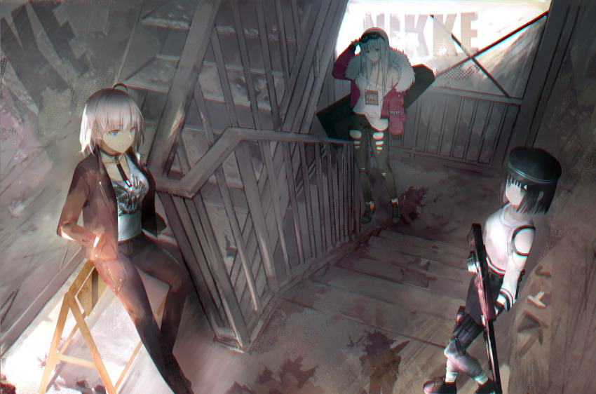 3girls absurdres ahoge arm_up band_shirt bii_bii_(bronzeii002) black_footwear black_hair black_jacket black_pants bob_cut boots breasts chromatic_aberration copyright_name dark-skinned_female dark_skin detached_sleeves dirty frima_(nikke) from_above fur-trimmed_jacket fur_collar fur_trim goddess_of_victory:_nikke gun hands_in_pockets heel_up highres holding holding_gun holding_weapon indoors jacket lace-up_boots leather leather_jacket leather_pants looking_up mask mask_on_head medium_breasts merchandise milk_(nikke) multiple_girls off_shoulder pants red_jacket rifle shirt shirt_partially_tucked_in short_hair sleep_mask smile sniper_rifle stairs sugar_(nikke) t-shirt torn_clothes torn_pants weapon white_hair white_shirt