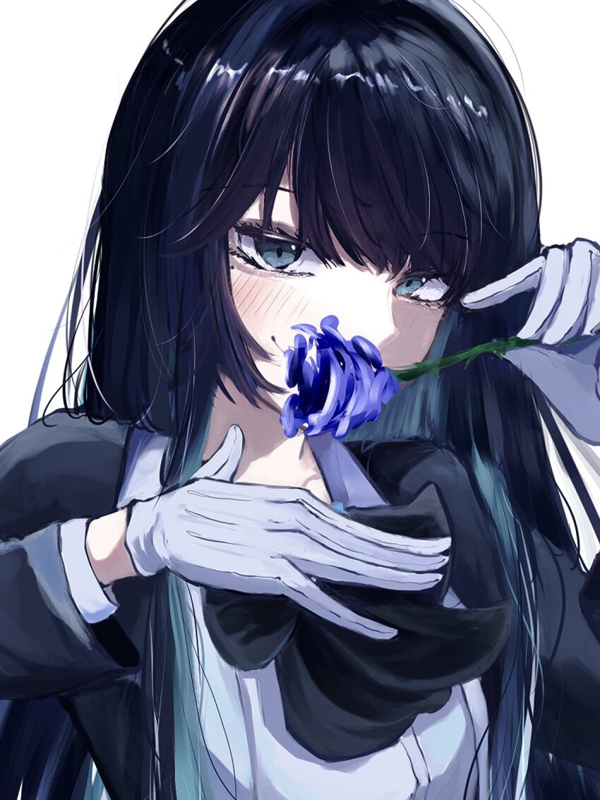 1girl ado_(utaite) black_bow black_bowtie black_coat black_hair blue_eyes blue_flower blue_hair blue_rose blush bow bowtie chando_(ado) closed_mouth coat colored_inner_hair commentary_request dress_shirt flower gloves highres holding holding_flower long_hair long_sleeves looking_at_viewer mole mole_under_eye multicolored_hair open_clothes open_coat rose shirt sidelocks simple_background smile solo tanake_(tanakei_ado) upper_body utaite white_background white_gloves white_shirt
