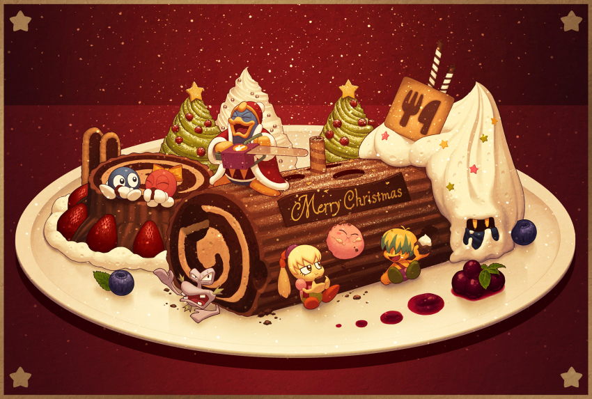 5health ^_^ blonde_hair blueberry blush blush_stickers border bow bun_(kirby) cake chainsaw christmas closed_eyes coat cranberry escargon eyelashes food food_on_face fruit fumu_(kirby) fur-trimmed_coat fur_trim green_hair hair_over_eyes hat highres holding holding_chainsaw icing king_dedede kirby kirby:_right_back_at_ya kirby_(series) lalala_(kirby) laughing lololo_(kirby) long_hair long_sleeves merry_christmas meta_knight nintendo no_humans open_clothes open_coat open_mouth plate ponytail red_background red_coat red_headwear short_hair simple_background sitting smile sprinkles standing star_(symbol) strawberry swiss_roll teeth v-shaped_eyebrows wafer_stick whipped_cream yellow_border yellow_bow