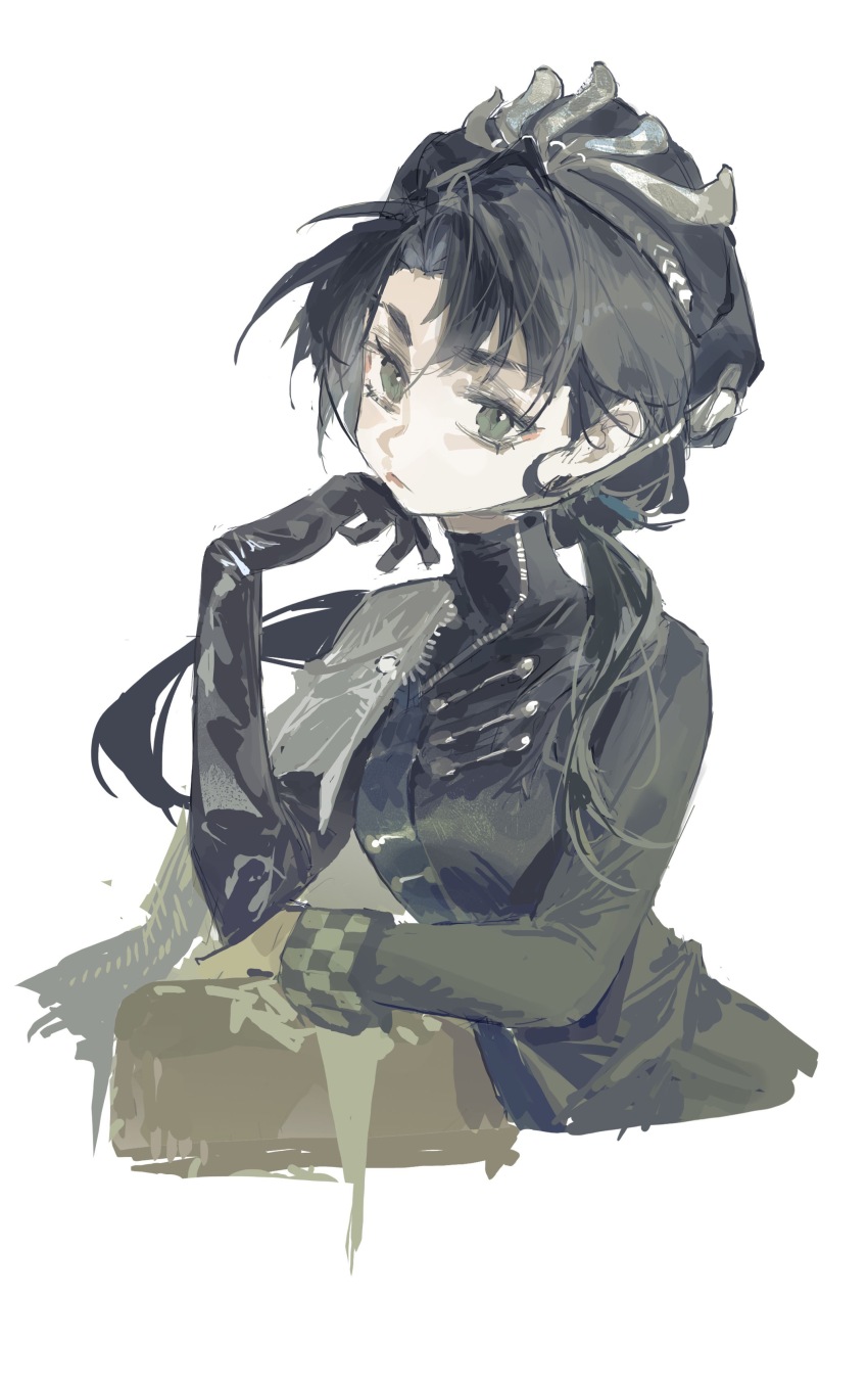 1girl absurdres beret black_dress black_eyes black_gloves black_hat cape chin_strap cropped_torso dabaijiang_memeda dress elbow_gloves gloves hand_on_own_chin hat head_rest highres liang_yue_(reverse:1999) long_hair looking_at_viewer police police_uniform policewoman portrait reverse:1999 side_cape single_elbow_glove solo white_cape