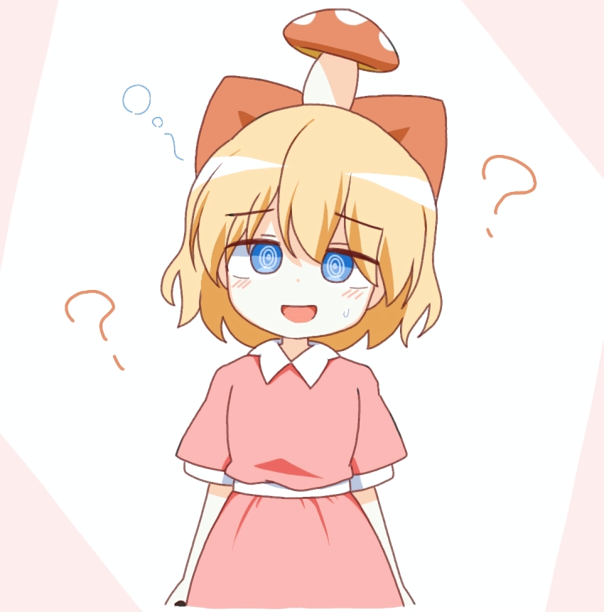 1girl ? @_@ blonde_hair bow child dress hair_bow highres looking_at_viewer mother_(series) mother_2 mushroom nintendo open_mouth paula_(mother_2) pink_dress red_bow reisen_(reu62433) ribbon short_hair short_sleeves smile solo status_effect steaming_body