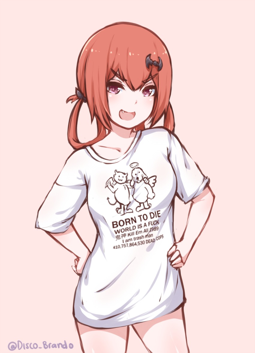 &gt;:d 10s 1girl :3 :d arm_around_neck arm_at_side bat_hair_ornament born_to_die_world_is_a_fuck_(meme) cat clothes_writing collarbone commentary cowboy_shot demon_tail disco_brando dog english_text engrish_text fang female_focus gabriel_dropout hair_ornament hair_rings halo hand_on_another&#039;s_shoulder hands_on_own_hips head_tilt highres meme no_pants open_mouth orange_hair pink_background pink_eyes ranguage satanichia_kurumizawa_mcdowell shirt short_sleeves simple_background sketch smile solid_oval_eyes solo standing t-shirt tail twitter_username v-shaped_eyebrows waving white_shirt