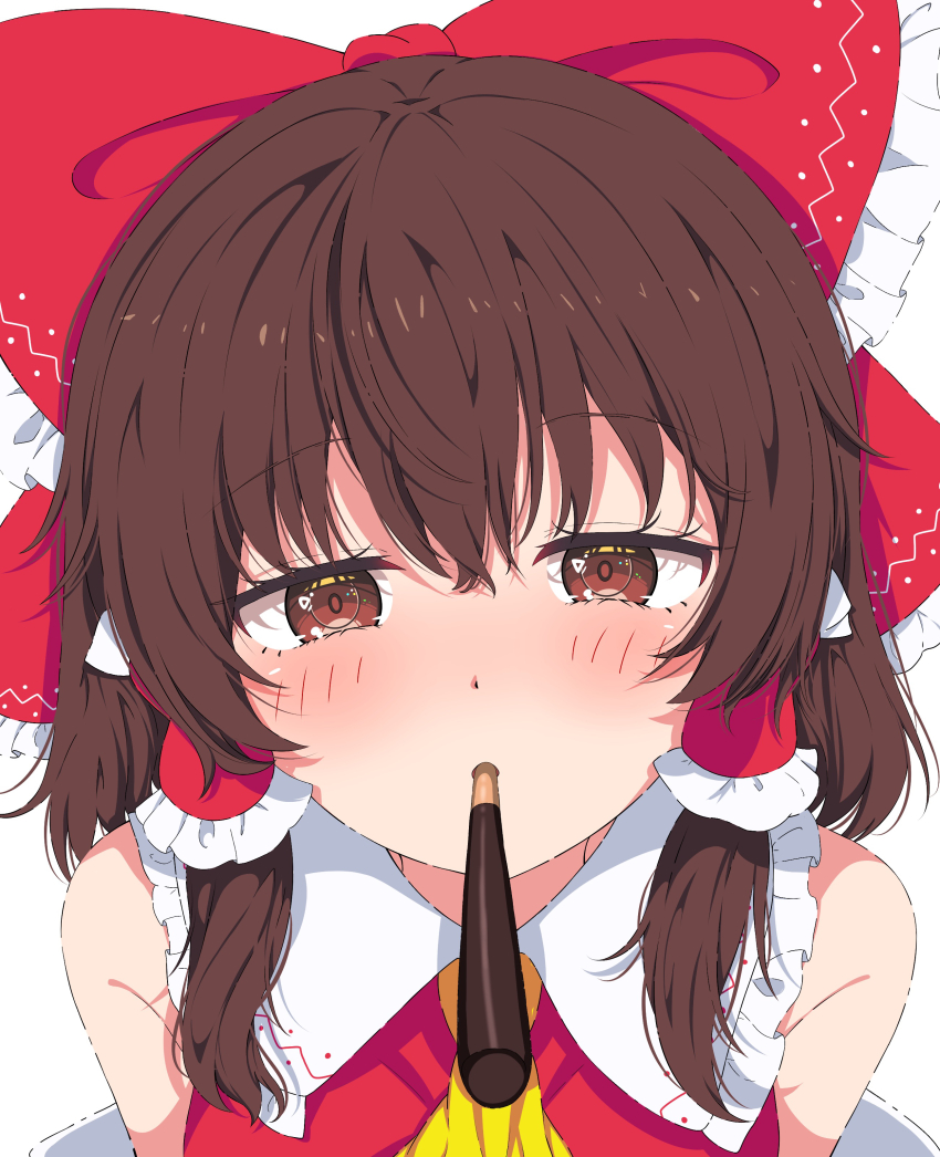 1girl absurdres ascot blush bow brown_eyes brown_hair commentary detached_sleeves food food_in_mouth frilled_bow frilled_hair_tubes frills hair_bow hair_tubes hakurei_reimu highres incoming_pocky_kiss long_hair looking_at_viewer pocky pocky_day pocky_in_mouth red_bow setsugetsuka436 solo touhou yellow_ascot
