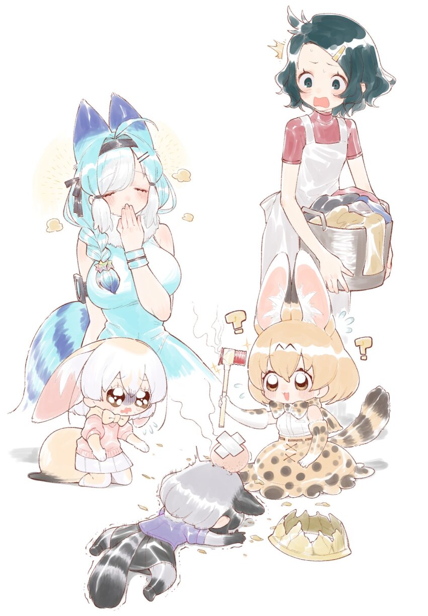 ? animal_ears animal_print bandaid bandaid_on_head black_hair blonde_hair blue_shirt blush bow bowtie breasts brown_eyes common_raccoon_(kemono_friends) crossed_bandaids dress extra_ears fennec_(kemono_friends) fox_ears fur_collar gloves grey_hair hammer head_bump highres holding holding_hammer humanization japari_symbol kaban_(kemono_friends) kemono_friends large_breasts laundry_basket lucky_beast_(kemono_friends) multicolored_hair multiple_girls notora open_mouth pink_sweater print_bow print_bowtie raccoon_ears raccoon_girl raccoon_tail red_shirt serval_(kemono_friends) shirt short-sleeved_sweater short_hair short_sleeves skirt sleeveless sleeveless_dress striped_tail sweater tail two-tone_bow two-tone_bowtie white_hair