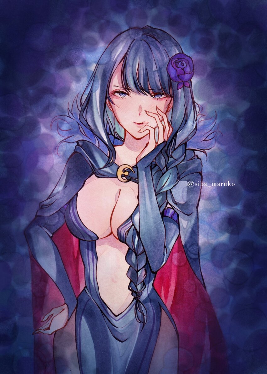 1girl black_dress black_hair braid braided_ponytail breasts bridal_gauntlets cape center_opening cleavage detached_sleeves dress elsa_granhilte flower frilled_sleeves frills fur_trim hair_flower hair_ornament large_breasts licking_lips long_hair looking_at_viewer mole mole_under_eye navel purple_eyes purple_flower purple_rose re:zero_kara_hajimeru_isekai_seikatsu revealing_clothes rose solo tongue tongue_out
