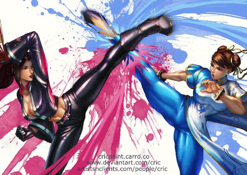 2girls bad_tag breasts capcom chun-li crossover fatal_fury kicking large_breasts long_hair multiple_girls shiranui_mai street_fighter street_fighter_6
