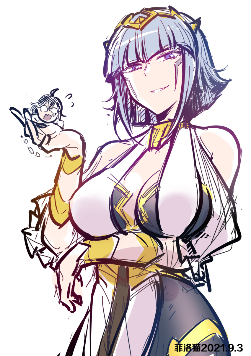 2girls alien arm_scarf black_hair breasts camearra darkness_heels darkness_heels_lili facial_tattoo fei_luo_mao gradient_eyes highres holding large_breasts lili_(darkness_heels) looking_at_viewer multicolored_eyes multiple_girls orange_eyes purple_eyes short_hair tattoo thighhighs tokusatsu ultra_series ultraman_tiga:_the_final_odyssey ultraman_tiga_(series) white_hair yellow_eyes