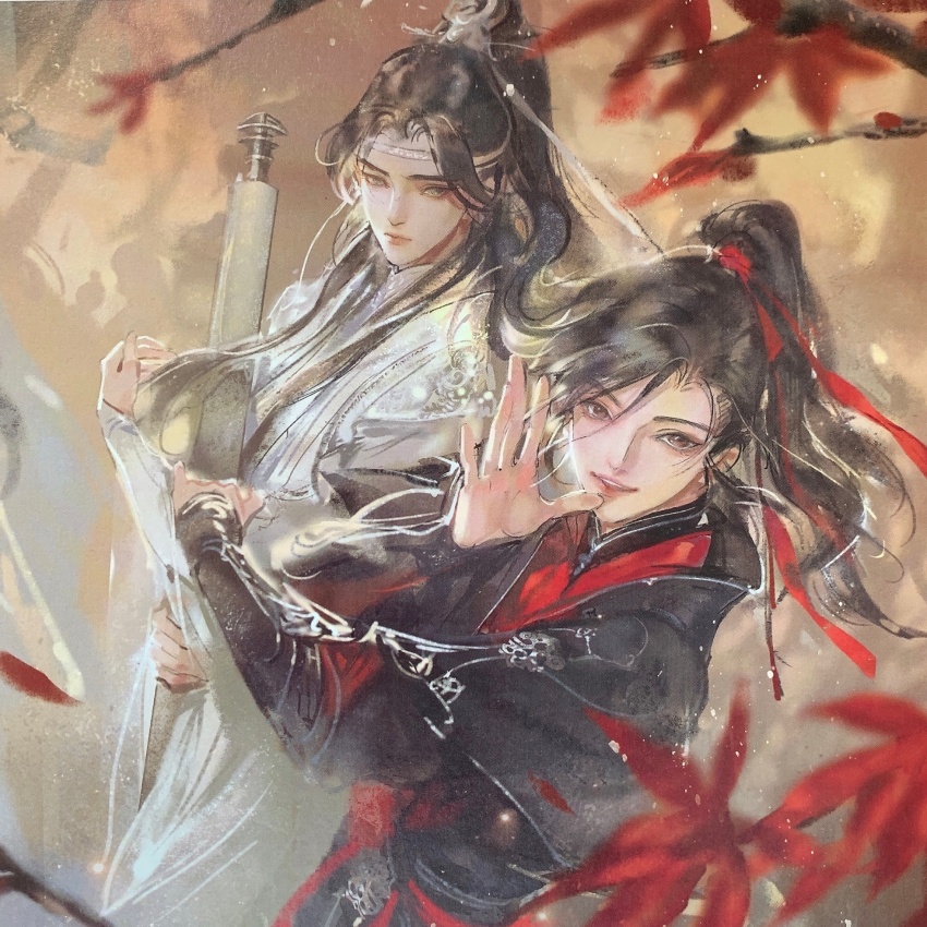 2boys black_hair black_hanfu blurry blurry_foreground branch brown_eyes chinese_clothes closed_mouth depth_of_field faux_traditional_media flute from_above hair_ribbon hand_up hanfu headband high_ponytail highres holding holding_another&#039;s_arm holding_scroll ink_wash_painting instrument kcllzas163 lan_wangji leaf light_particles long_hair long_sleeves looking_at_viewer male_focus maple_leaf modao_zushi multiple_boys parted_lips ponytail red_ribbon ribbon robe scroll smile third-party_source upper_body wei_wuxian white_hanfu white_headband xiao_guan_(headdress) yellow_eyes