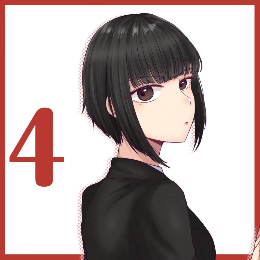1girl actor arms_at_sides black_hair black_shirt border breasts brown_eyes closed_mouth commentary countdown drop_shadow from_side halftone highres ishii_haruna looking_at_viewer looking_to_the_side medium_breasts mole mole_under_eye nigari_(ngari_0115) outside_border real_life red_border shirt short_hair simple_background solo upper_body white_background